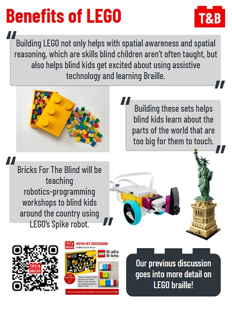 Benefits of LEGO. 

Quote from Matthew: Building LEGO not only helps with spatial awareness and spatial reasoning, which are skills blind children aren’t often taught, but also helps blind kids get excited about using assistive technology and learning Braille. 

Quote from Matthew: Building these sets helps blind kids learn about the parts of the world that are too big for them to touch. 

Quote from Matthew: Bricks For The Blind will be teaching robotics-programming workshops to blind kids around the country using LEGO’s Spike robot. 

An image of a giant LEGO braille storage box filled with LEGO braille bricks. 

An image of the LEGO Spike robot. 

An image of LEGO set Statue of Liberty. 

Our previous discussion, #2149, goes into more detail on LEGO braille!

