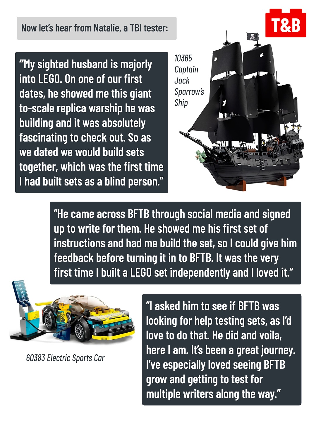 Now let’s hear from Natalie, a TBI tester:
“My sighted husband is majorly into LEGO. On one of our first dates, he showed me this giant to-scale replica warship he was building and it was absolutely fascinating to check out. So as we dated we would build sets together, which was the first time I had built sets as a blind person.”
Image of 10365 Captain Jack Sparrow’s Ship.
“He came across BFTB through social media and signed up to write for them. He showed me his first set of instructions and had me build the set, so I could give him feedback before turning it in to BFTB. It was the very first time I built a LEGO set independently and I loved it.”
Image of 60383 Electric Sports Car
“I asked him to see if BFTB was looking for help testing sets, as I’d love to do that. He did and voila, here I am. It’s been a great journey. I’ve especially loved seeing BFTB grow and getting to test for multiple writers along the way.”
